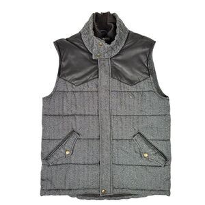 7 For All Mankind Men’s M Puffer Vest Leather Yoke Full Zip Snap Gray Brown